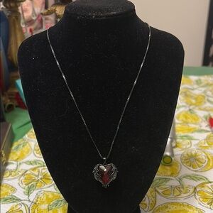 Gun Metal Angel Wings Red Heart Pendant Necklace